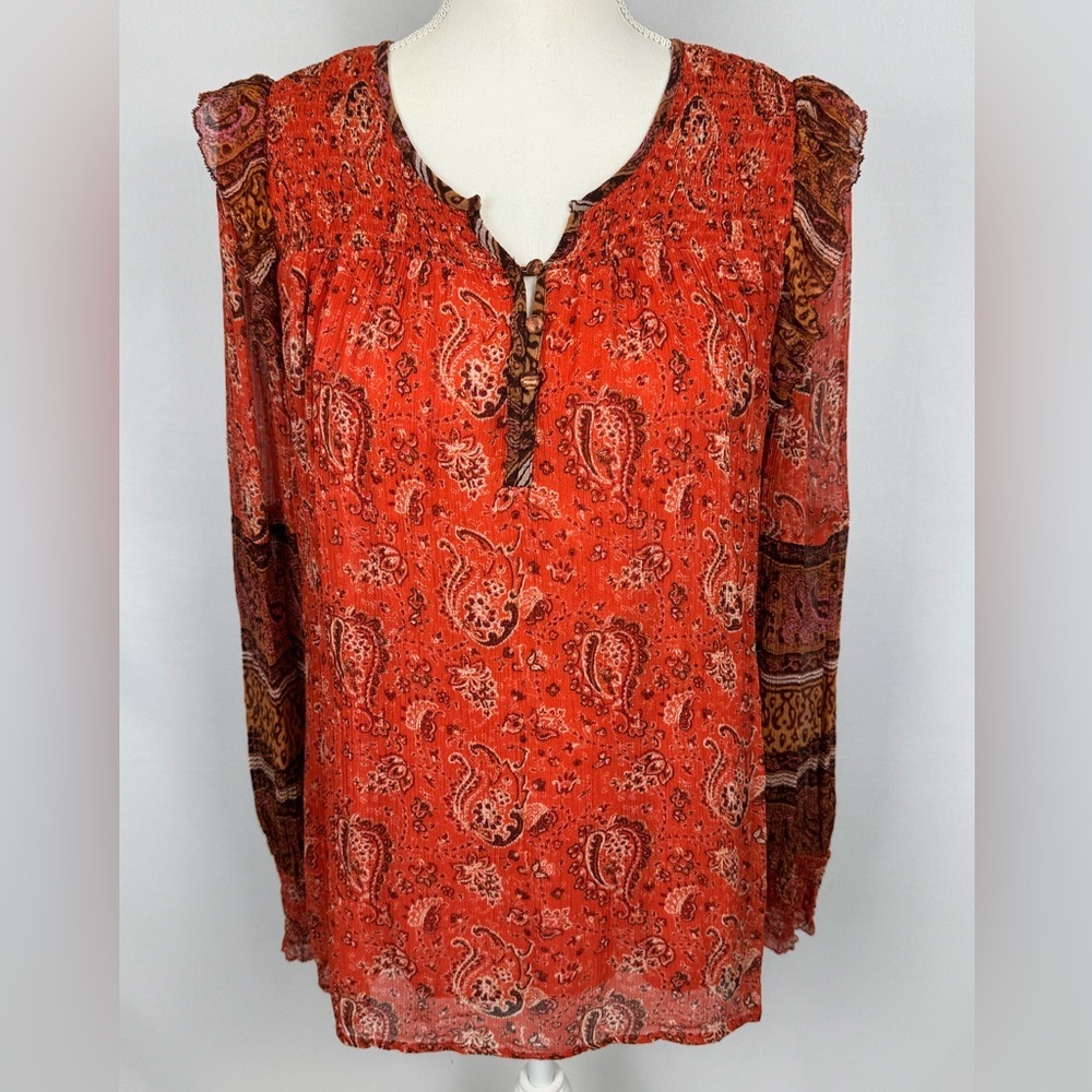 Sundance Red Paisley Blouse Semi Sheer Ruffle Shoulders Med Southwest Boho
